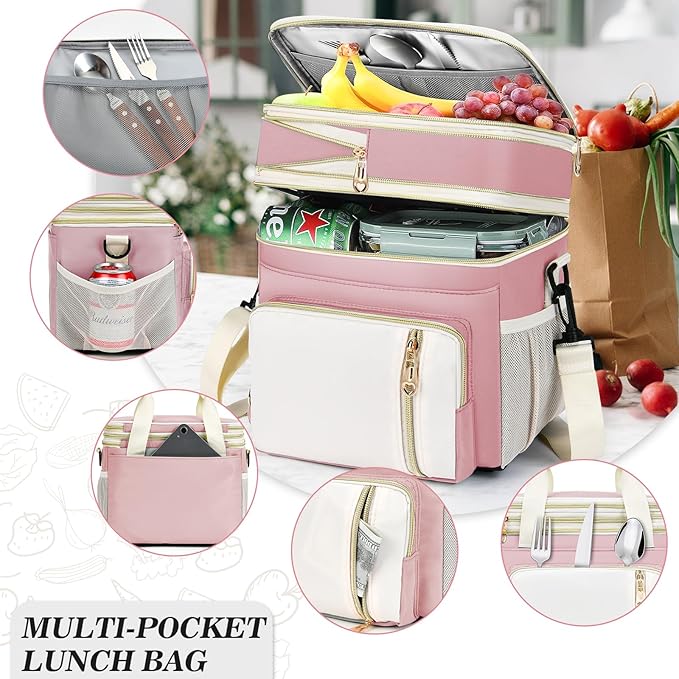 Lunch Box & Lunch Bag for Women, Large Insulated Adult Lunch Box Leakproof Lunchbox Cooler Bag for Work Picnic Beach,16L, Light Pink & White