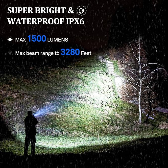 Rechargeable Flashlight high lumens with Clip Waterproof Police Flashlights, Zoomable Beam LED Flash Light with 7 Modes and SOS for Emergencies, Home, Camping, Hiking, Pet Walking (Black)