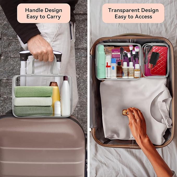 TISRATOK 10 PCS Clear Travel Makeup Toiletry Bag, Plastic PVC Cosmetic TSA Approved Organizer Kit with Zipper Handbag(Grey)