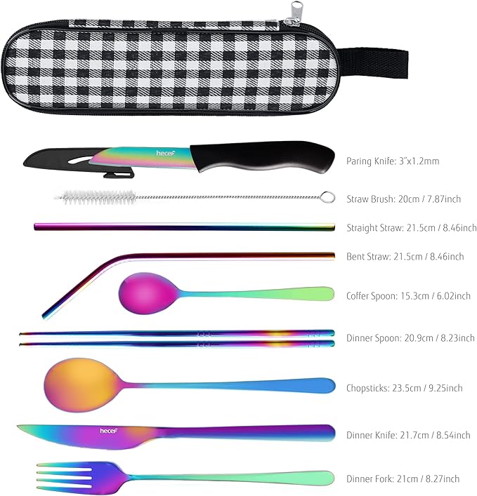hecef 11 PCS Black Titanium Plating Travel Cutlery Set with Compact Carrying Case & Mesh Bag, Reusable Stainless Steel Utensils, Handy Flatware Set for Work, School, Camping and Travel