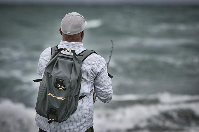 Plano Z-Series Roll-Top Waterproof Fishing Tackle Backpack, Gray Fabric, Includes 2 Clear 3700 StowAway Utility Boxes, Fishing Backpack with Tackle Boxes