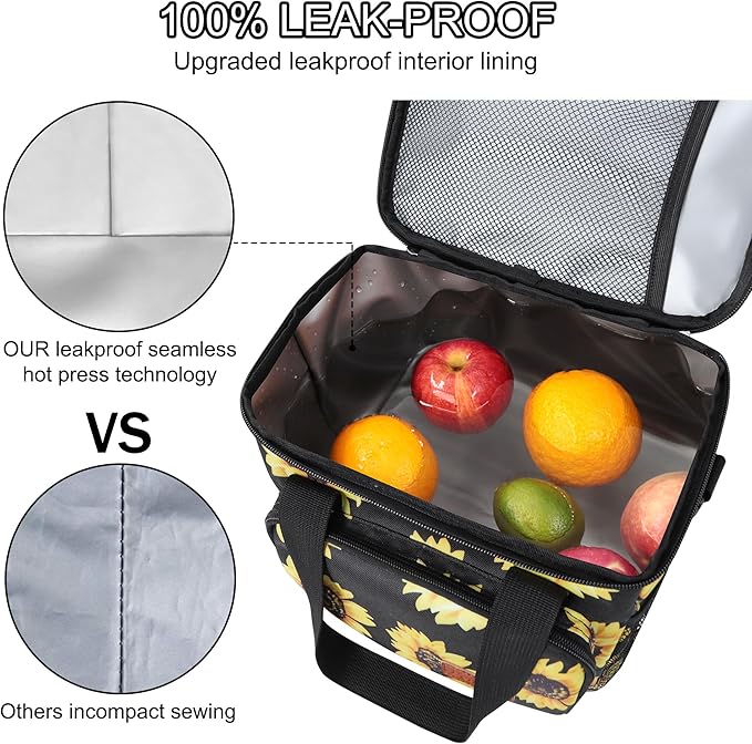 Femuar Lunch Bags for Women/Men, Insulated Lunch Bag for Work Office - Lunch Cooler Bag Leakproof Lunch Box with Adjustable Shoulder Strap - Sunflower