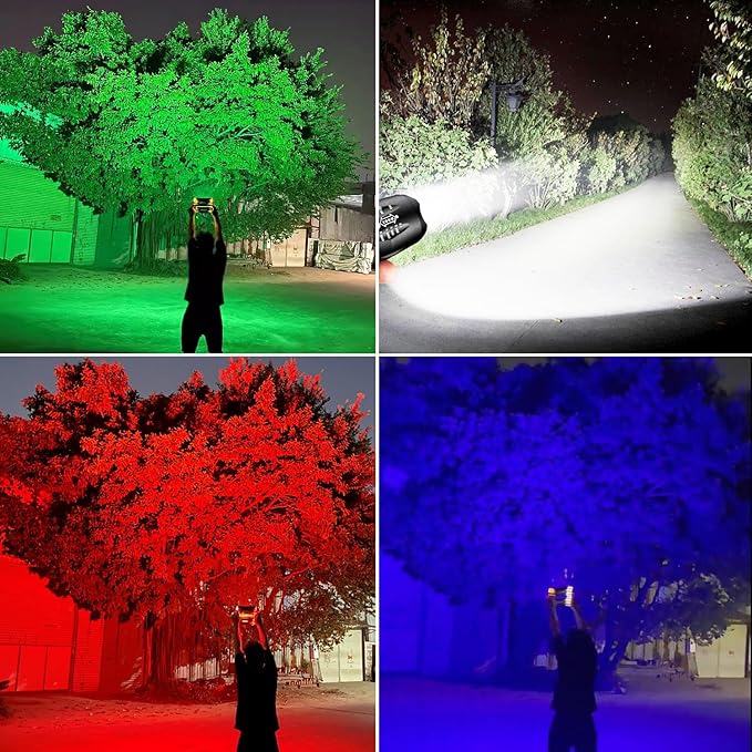 Red Flashlight Rechargeable 2 Pack, LED Green Light Flashlight, Blue Light Flashlights, 4 in 1 White Light, Red Light, Blue Lights and Green Lights, 4 Modes, Waterproof Zoomable Flash Light