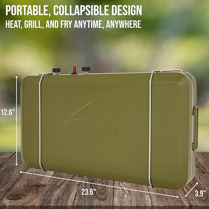 Hike Crew 2-in-1 Gas Camping Stove | Portable Propane Grill/Stove Burner w/Integrated Igniter & Stainless Steel Drip Tray | Built-in Carrying Handle, Foldable Legs & Wind Panels | Includes Regulator