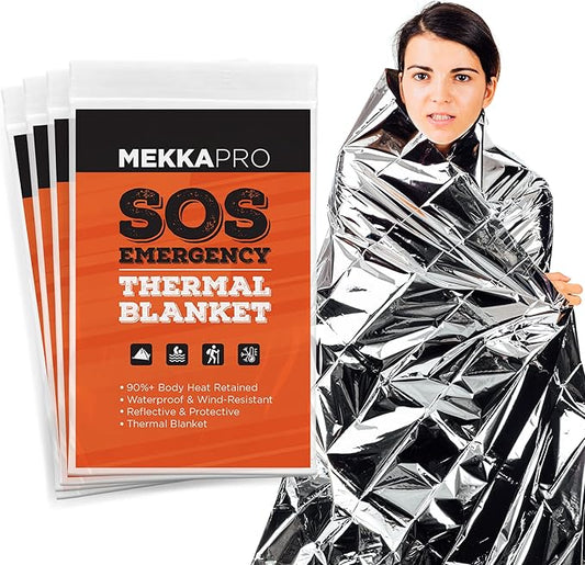 MEKKAPRO Emergency Mylar Thermal Blankets (4-Pack), Pocket Sized for Emergencies, Camping, Outdoors, Hiking, Survival, First Aid (Thermal Silver)