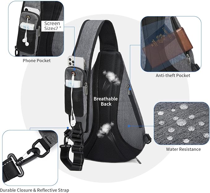TUDEQU Sling backpack, 8 Pockets Sling Bag Crossbody, 19L Large Sling Bag for Men Travel Crossbody Backpack Hiking Outdoor