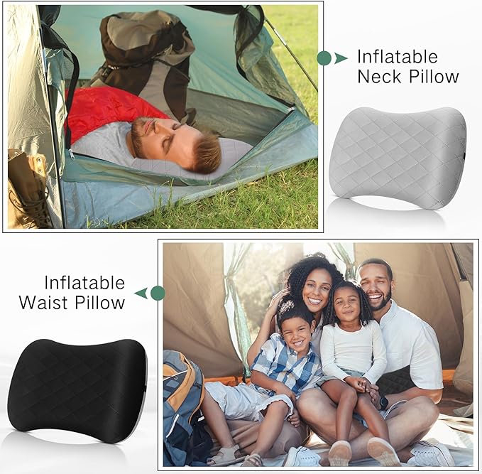 2 Pack Camping Pillow Inflatable Travel Pillow with Removable Cover Backpacking Pillow Blow up Pillow Neck Air Pillow Compressible for Lumbar Support, Travel, Hiking, Black and Grey