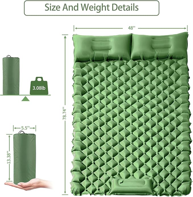 Double Sleeping Pad for Camping, 2 Person Ultralight Inflatable Sleeping Mat with Pillow and Built-in Foot Pump, Portable Camping Mattress for Tent, Backpacking, Hiking, Traveling