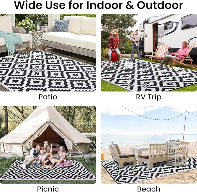 Smiry Waterproof Outdoor Rug 9x12 ft, Reversible Plastic Straw Patio Camping Rugs, Outdoor Indoor RV Mat Carpet for Patio, Outside Entry, Backyard, Deck, Bench, Picnic, Camper, Black & White