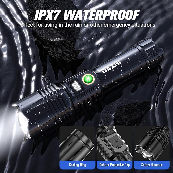 Rechargeable Led Flashlight 250000 Lumen, Super Bright Tactical Flashlight High Lumens 5 Light Modes, IPX7 Waterproof, Zoomable, Powerful Handheld Flashlight for Outdoor Emergency Camping, Hiking