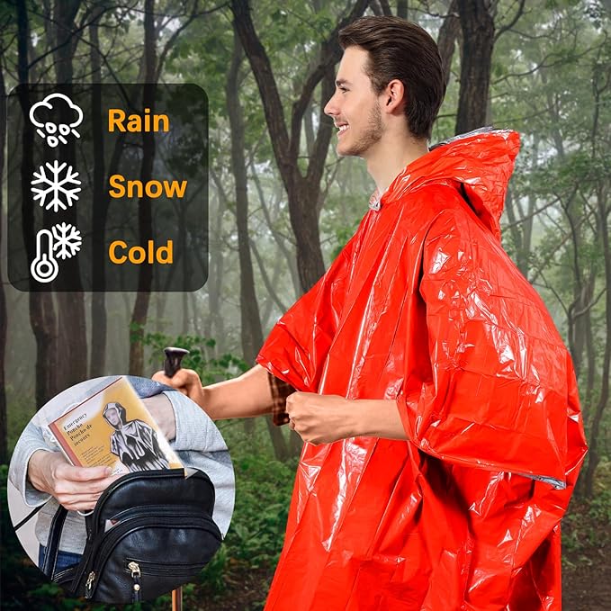 Blcculi 4 Pack Emergency Rain Poncho with Mylar Blanket Liner, Thermal Poncho Survival Blankets,Waterproof Emergency Thermal Blanket for Survival Gear,Camping,Hiking,Outdoor,Heavy Duty (Orange)