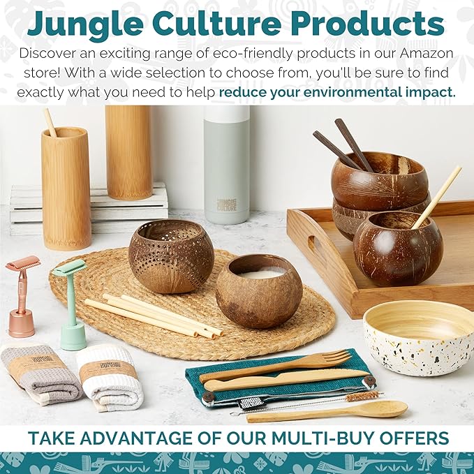 Jungle Culture® Premium Wooden Travel Utensils • Knife, Fork, Spoon, Straw, Case • Eco Friendly Alternative to Bamboo Cutlery • Coconut Bowls Zero Waste Reusable Flatware • Portable Camping Picnic Set