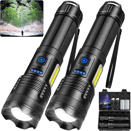 Rechargeable LED Flashlights High Lumens, 2 Pack 990000 Lumens Super Bright Flash Light with 7 Modes & COB Light, IPX7 Waterproof, USB Fast Charging Flashlights for Camping, Home, Emerge∩cies