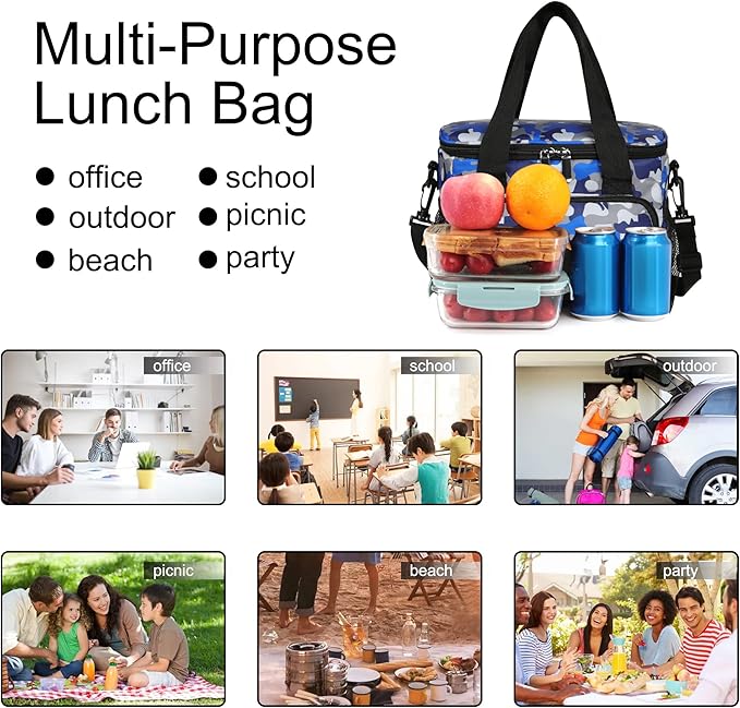 Femuar Lunch Bags for Women/Men, Insulated Lunch Bag for Work Office - Lunch Cooler Bag Leakproof Lunch Box with Adjustable Shoulder Strap - Blue Camouflage