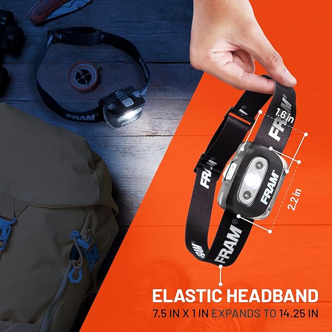 FRAM FAC40008 Headlamp Flashlight with White & Red Light, Comfortable Headband, Survival Gear, Waterproof lamp.