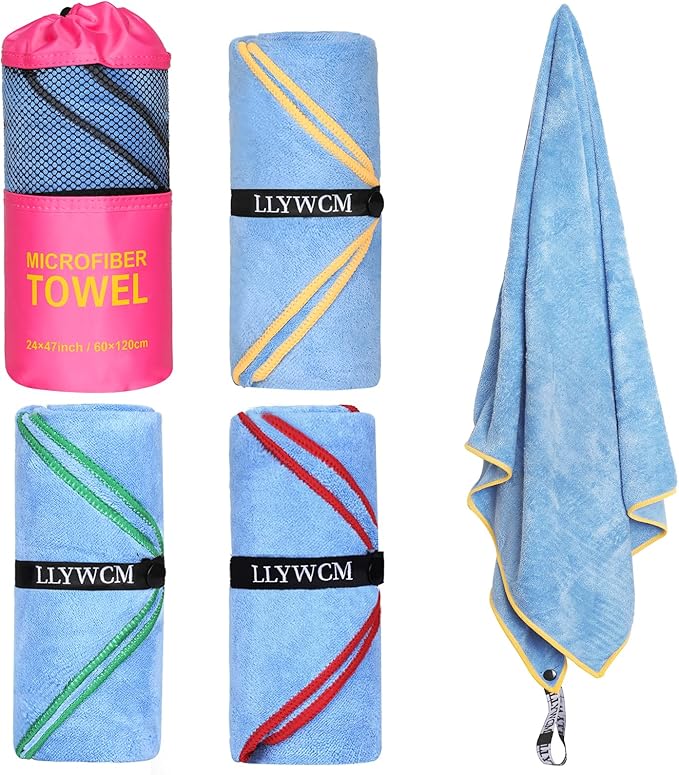 4 Pack Microfiber Camping Towels, Gym Towels Quick Dry Beach Towel with Travel Waterproof Accessory Bag,Super Absorbent Quick Dry Towels for Adults Kids (4, Rose)