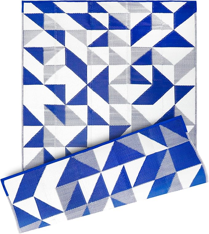 Outdoor Rug Mat for Patio, 6x9ft Waterproof Reversible Plastic Straw Rugs, Camping Carpet Area Mats for RV, Porch, Deck, Backyard, Balcony, Camper, Trailer, Blue & White