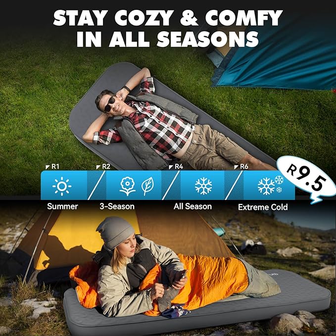 Hikenture 4" Thick Self Inflating Sleeping Pad with Electric Pump, Ultralight Foam Camping Mattress, 9.5 R-Value Insulated Sleeping Mat, Portable All Season Camping Pad for Tent, Car, Cot