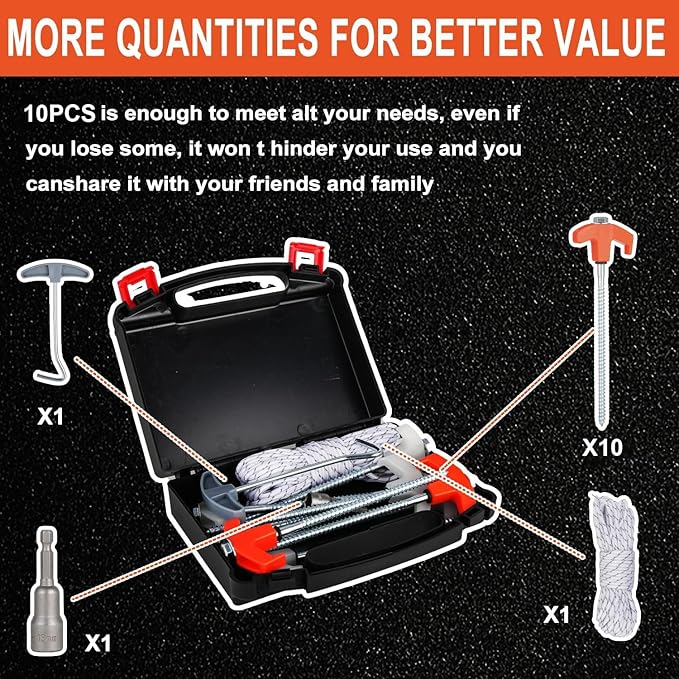 10PCS Camping Tent Stakes Heavy Duty,8 Inch Screw in Tent Stakes Heavy Duty,Nightglow Metal Tent Stakes,with Hex Head Driver,Nail Lifter,Ropes,Orange
