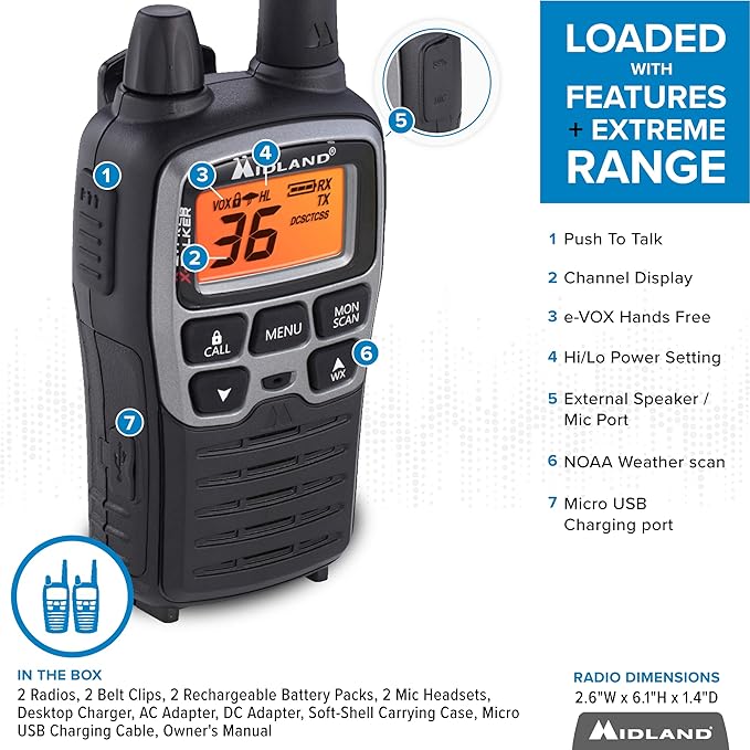 Midland T77VP5 X-TALKER Long Range Walkie-Talkie FRS Two-Way Radio for Camping Overlanding NOAA Weather Scan + Alert, 121 Privacy Codes - Includes Carrying Case & Headset Black/Silver, 2 Radio Bundle