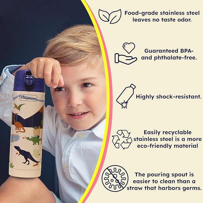 Stainless Steel Water Bottle Kids 12 oz With Carrying Pouch| Insulated Water Bottle For Kid, Toddler, Girls, Boys or Teen | Leakproof, BPA-Free | Little Metal Tumbler for School (Dinosaur)