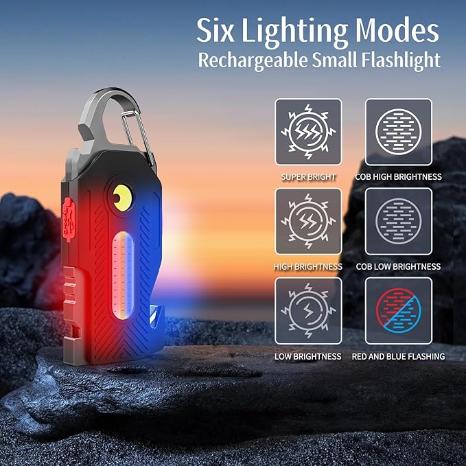 Small Flashlight Rechargeable, 6 Lighting Modes Bright Mini Pocket Light, Keychain Flashlight Multifunctional, Keychain Work Lights Powerful for Camping Fishing Hiking Emergency