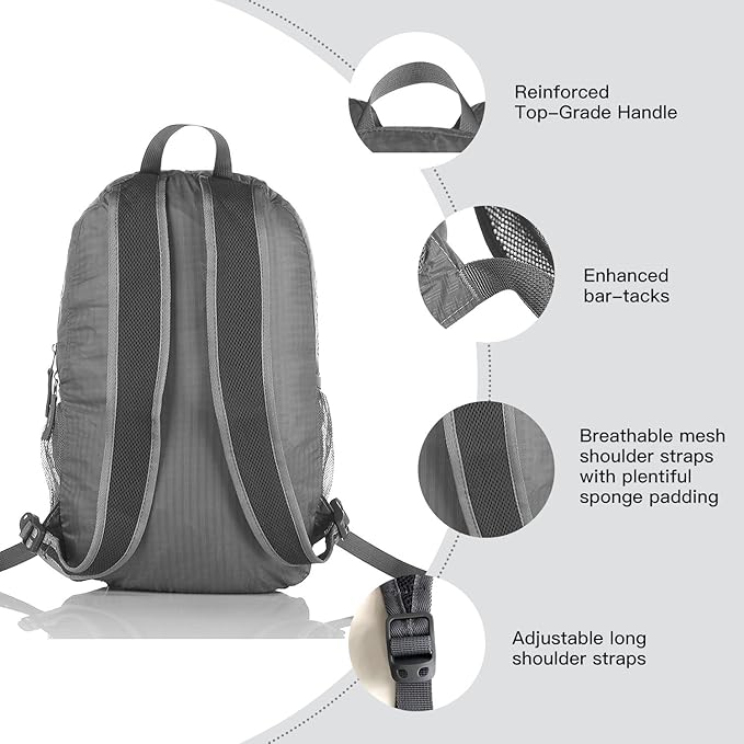Outlander Packable Handy Lightweight Travel Hiking Backpack Daypack, Grey