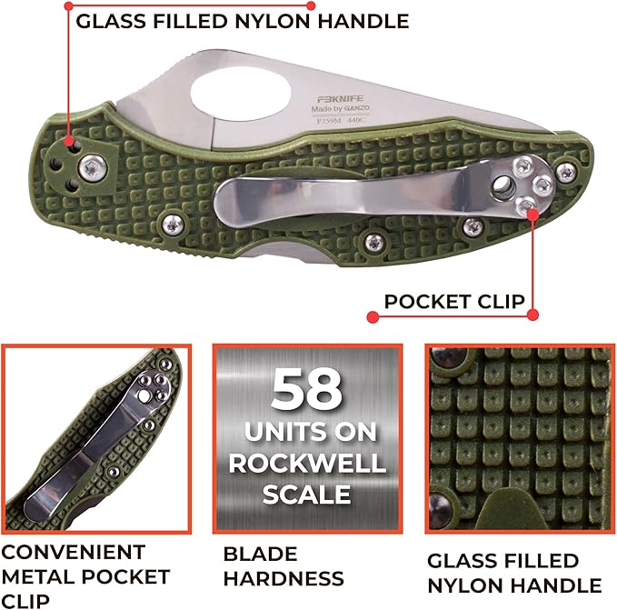 Firebird GANZO F759MS-GR Serrated Blade Pocket Folding Knife 440C Stainless Steel Serrated Blade Nylon Glass Fiber Anti-Slip Handle with Clip Fishing Camping Outdoor Gear EDC Pocket Knife (Green)