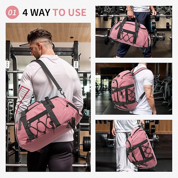 Unisex Travel Duffle Bag for Men Women, Waterproof Gym Bag with Shoe Compartment & Football Compartment, 32L Carry on Bag for Sports & Fitness, Pink