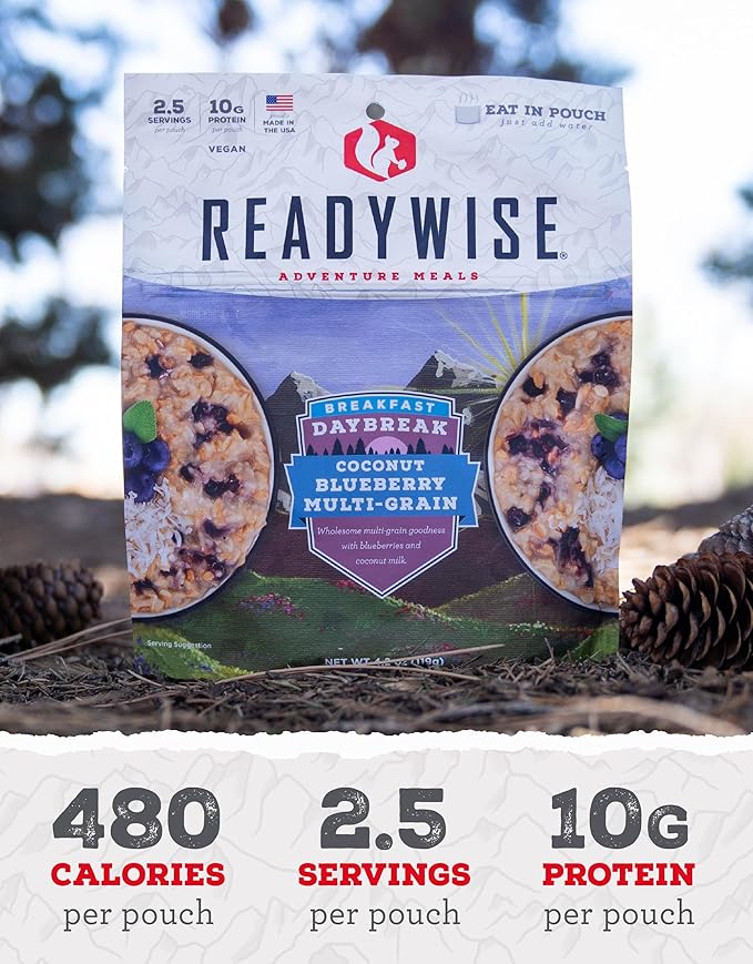 READYWISE - Outdoor Coconut Blueberry Multi-Grain, 2.5 Servings, Pack of 1, Emergency Preparedness, Freeze Dried Food, MRE, Snack Pack, Survival Food, Emergency Food for Backpacking, Camping, and Hiking