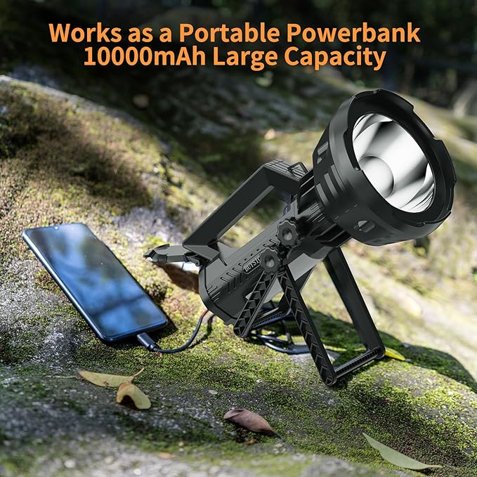 BUYSIGHT Rechargeable Spotlight Flashlight, 1000,000 lumens 600 Yards Range IP65 Waterproof Spot Lights Handheld Large searchlight with red Lens Side Flood Light Light USB C Recharge (Black Plus)
