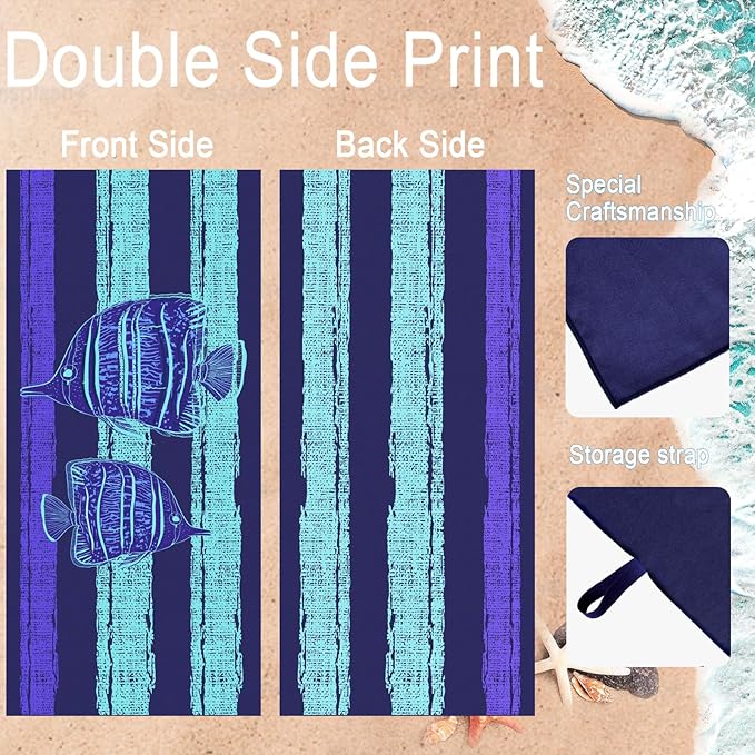 Bnuitland Stripy-Blue Fishes Pattern Beach Towel (35X75 inches), Oversized Quick Drying Absorbent Sand Free, Cute Towels for Travel Swimming Pool Picnic, 88% Polyester and 12% Polyamide, Blue