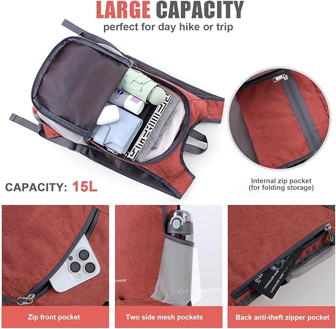 15L Hiking Backpack Small Travel Backpack Lightweight Packable Backpacks Casual Daypack for Women and Men, Red