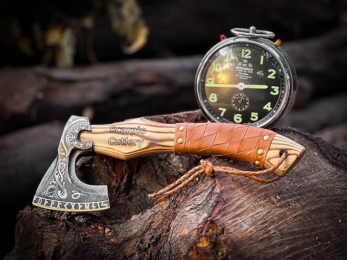 13" Custom Handmade Carbon Steel Viking Axe Real Hatchet, Norse Viking Axe, Throwing Axe, Best Gift for him, Leather Wrapped Handle and Leather Sheath (Valknut Axe)