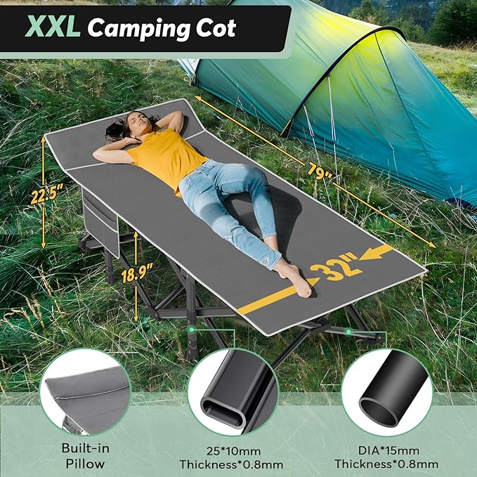 Slendor Oversized XXL Camping Cot, Folding Cot for Adults, 79" L x 32" W x 19" H Sleeping Bed with Mattress, Carry Bag, Camp Cot Bed for Travel, Guest, Support 500lbs
