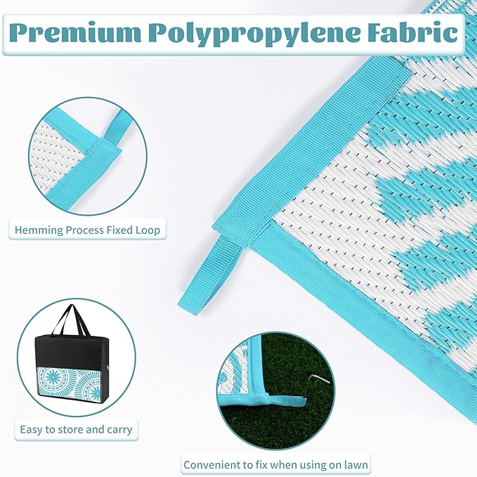 Ileading Reversible Plastic Outdoor Rug Modern Geometric Style Straw Mat, Waterproof Patios Carpet 6x9ft Non Shedding Portable Decor Area Rugs for Deck RV Picnic Beach Backyard (6' x 9'Teal)