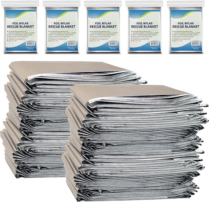 NOVAMEDIC Emergency Foil Mylar Thermal Blankets - Pack of 200, 84"x52", Individually Wrapped, Waterproof Survival Blanket for Camping, Outdoors, First Aid Kit & Travel, Lightweight & Compact, Silver