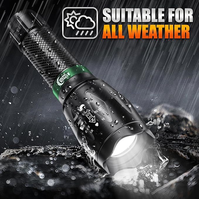 2 Pack LED Flashlights High Lumens with 6 AAA Batteries, 5 Modes Mini Waterproof Tactical Flashlight for Camping Hiking, Bright Flashlight with Zoomable, Fathers Day Dad Gifts for Him, Black & Green