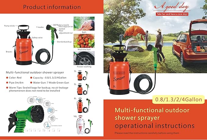 CLICIC Pressure Sprayer with 7 Spray Modes, Camping Shower with Removable Hose and Shower Head for Camping Outdoor Traveling Hiking and Pet Bath. (0.75 Gallon / 3L-Insulated)