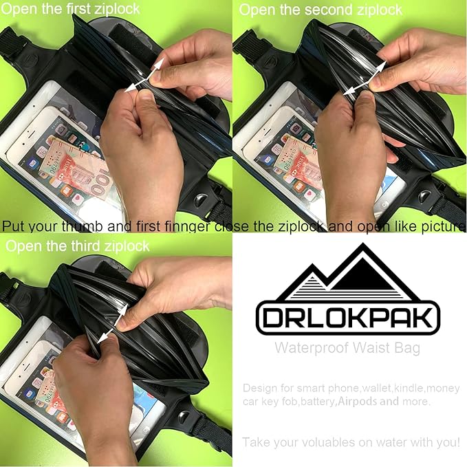 DRLOKPAK Waterproof Waist Bag Pouch Fanny Pack Bum Bag with Secret Holder Keeps Your Phone Kindle Wallet Watch & Valuables Dry - Perfect for Surf Canoe Swim Snorkel Dive Beach Pool(Black)