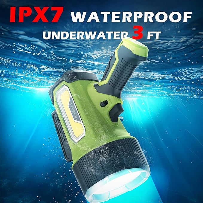 FORTO Rechargeable Spotlight Flashlight with 2000 Lumens, Handheld Spotlight with Foldable Stand, 6 Light Modes IPX7 Waterproof LED Spot Lights Outdoor for Boating Hunting Hiking(Light Green)