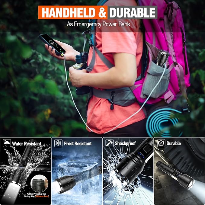 DanByte Flashlights High Lumens Rechargeable - 100,000LM &1500 Meters Super Bright Tactical LED Flashlight,Powerful Flash Light with 7Modes for Emergency,Camping,Car -2PACK