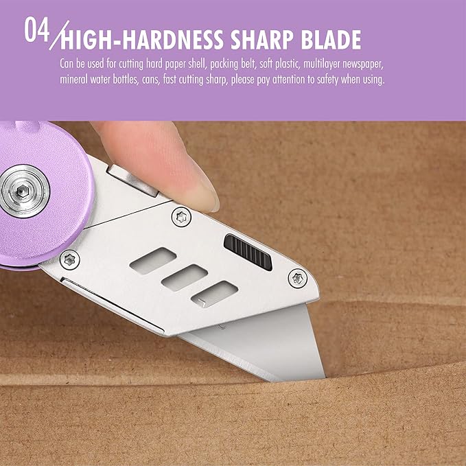 FantastiCAR Folding Utility Knife, Quick Blade Change Box Cutter, Anti-slip Metal Body, with Safety Lock and 5 Extra Blades (Purple)