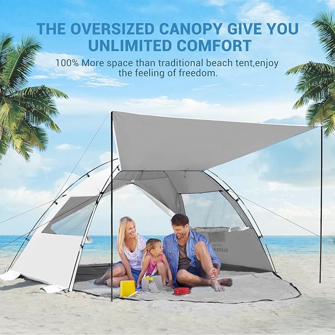 Elegear Beach Tent Sun Shelter with Canopy, 4-5 Person Pop Up Beach Tent, Easy Setup UPF 50+ UV Protection Portable Lightweight Double Silver Coating Cabana Sun Shade Shelter - Silver