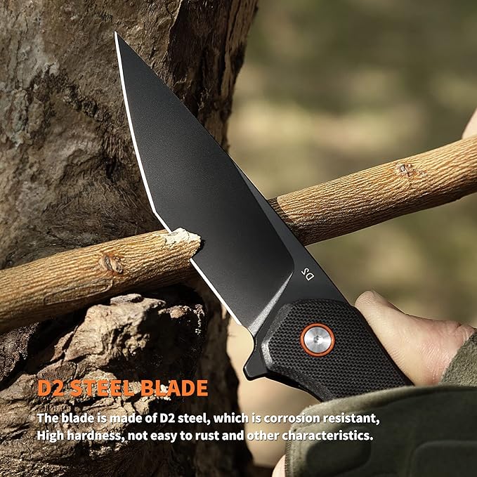Everyday Carry EDC Knife, Safety Liner-Lock Practical Pocket Knife, D2 Steel G10 Lightweight Handle, Outdoor Camping tactical Knives, Black, Folding 3.54in