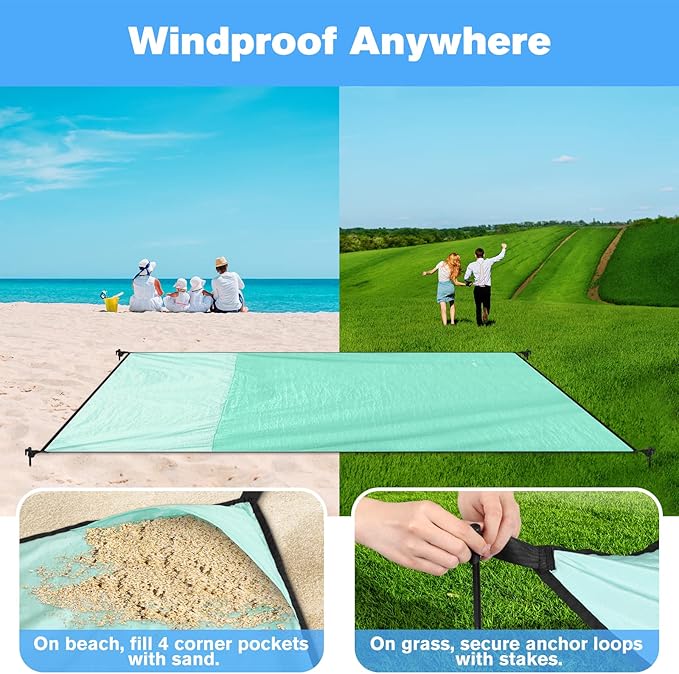 Beach Blanket Waterproof Sandproof Large Beach Mat 79" X 87", Quick Drying Durable Portable Lightweight Outdoor Nylon Picnic Blanket for Travel Camping Hiking, Green