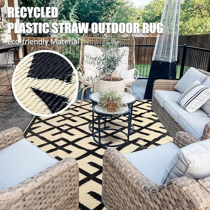 LILIOFFIC Outdoor Rugs - Reversible Mats, 9'x12' Plastic Straw Rug for Patio Clearance Waterproof, Indoor Outdoor Area Rug Carpet for Outside, RV, Deck, Picnic, Beach, Trailer, Camping, Black & Beige