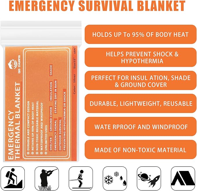 Emergency Mylar Thermal Blankets -Space Blanket Survival kit Camping Blanket (Pack of 6). Perfect for Outdoors, Hiking, Survival, Bug Out Bag ,Marathons or First Aid