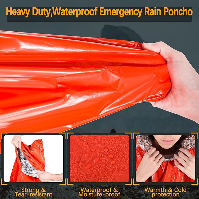 Blcculi 4 Pack Emergency Rain Poncho with Mylar Blanket Liner, Thermal Poncho Survival Blankets,Waterproof Emergency Thermal Blanket for Survival Gear,Camping,Hiking,Outdoor,Heavy Duty (Orange)