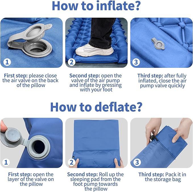 Single Sleeping Pad for Camping, Ultralight Inflatable Sleeping Mat with Pillow and Built-in Foot Pump, Portable Camping Mattress for Tent, Backpacking, Hiking, Traveling(Blue)